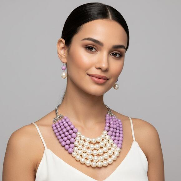 Pierced multi strand gold, light purple, and cream pearl necklace set - Picture 1 of 4